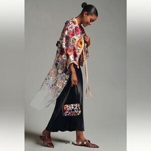 New Anthropologie Self Contrast Floral Appliqué Duster One Size